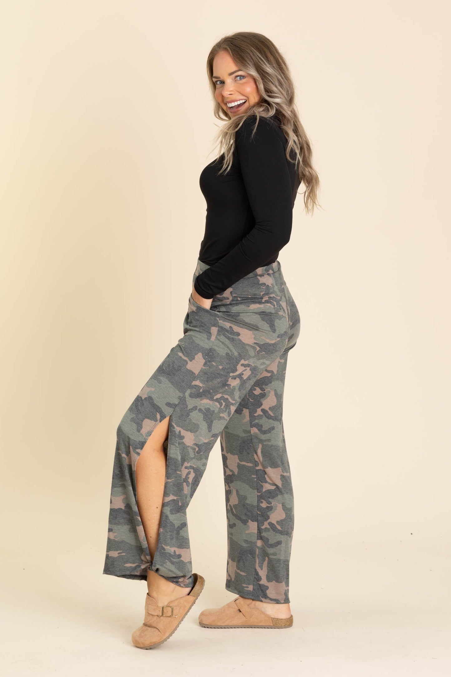 Camo Soft Knit Slit Side Pants