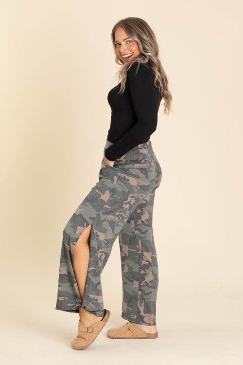 Camo Soft Knit Slit Side Pants