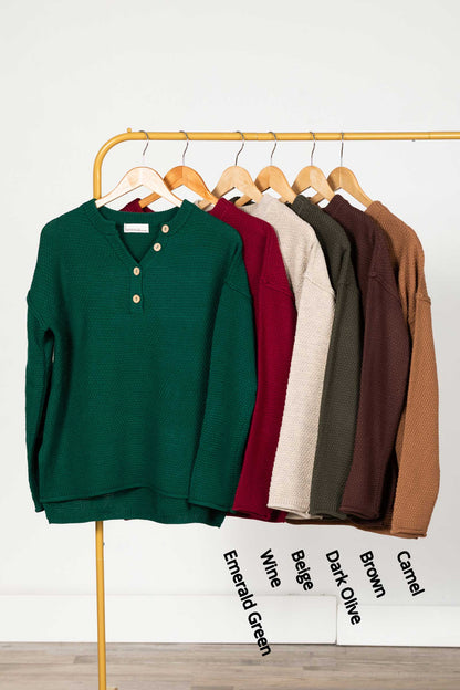 Button Henley Neckline Basic Sweater