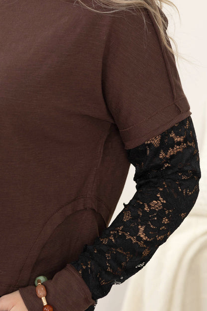 Brown Faux Layered Top With Lace Sleeves