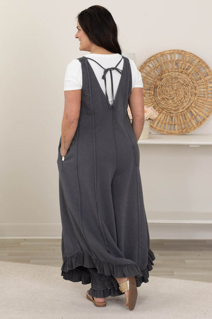 Charcoal Mineral Wash Ruffle Wide Leg Jumpsuit
