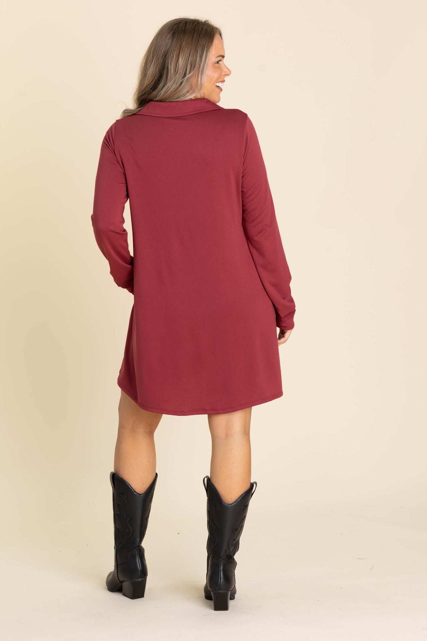 Collared Long Sleeve Knit Dresses With Pockets