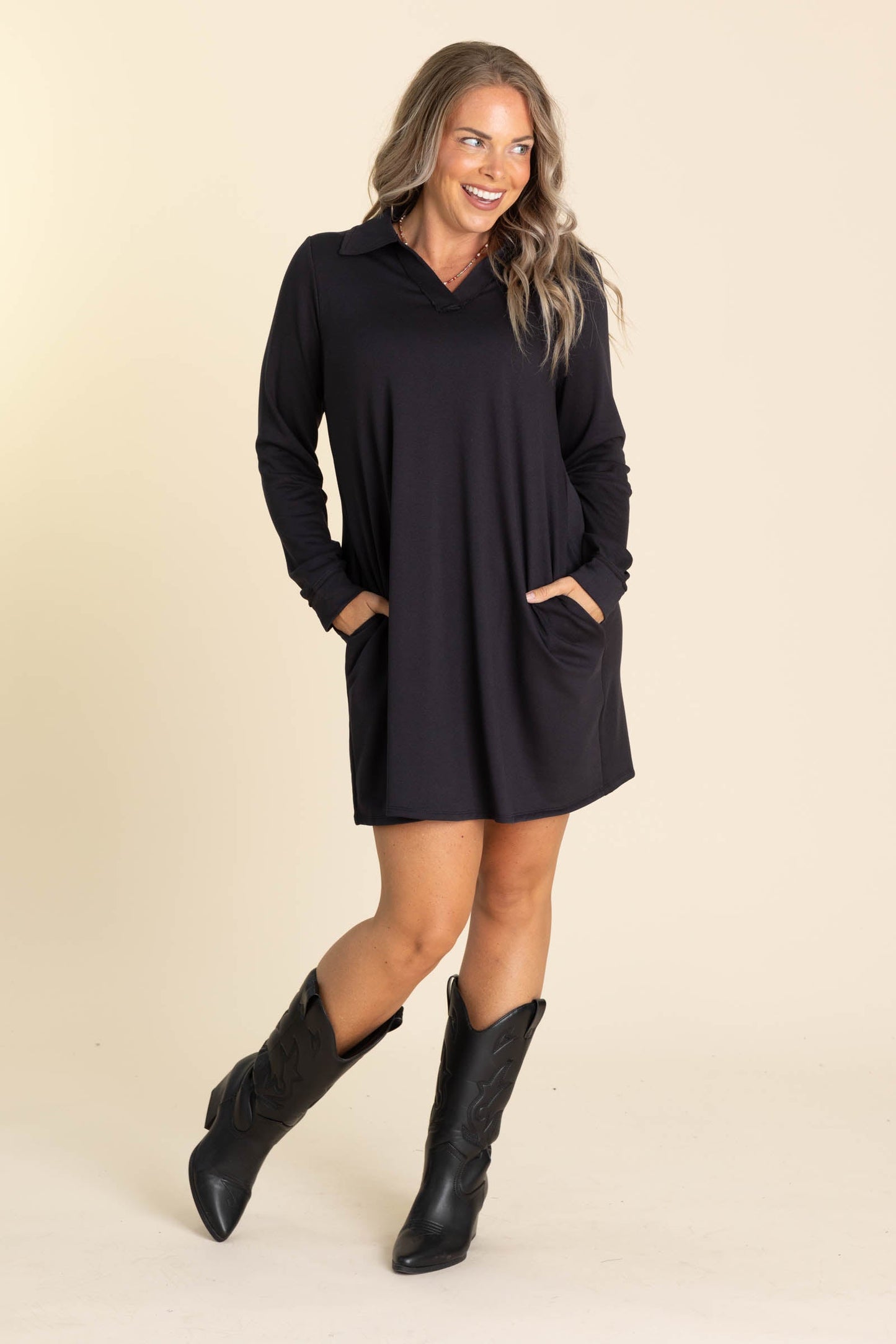 Collared Long Sleeve Knit Dresses With Pockets