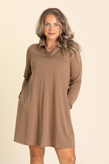 Collared Long Sleeve Knit Dresses With Pockets