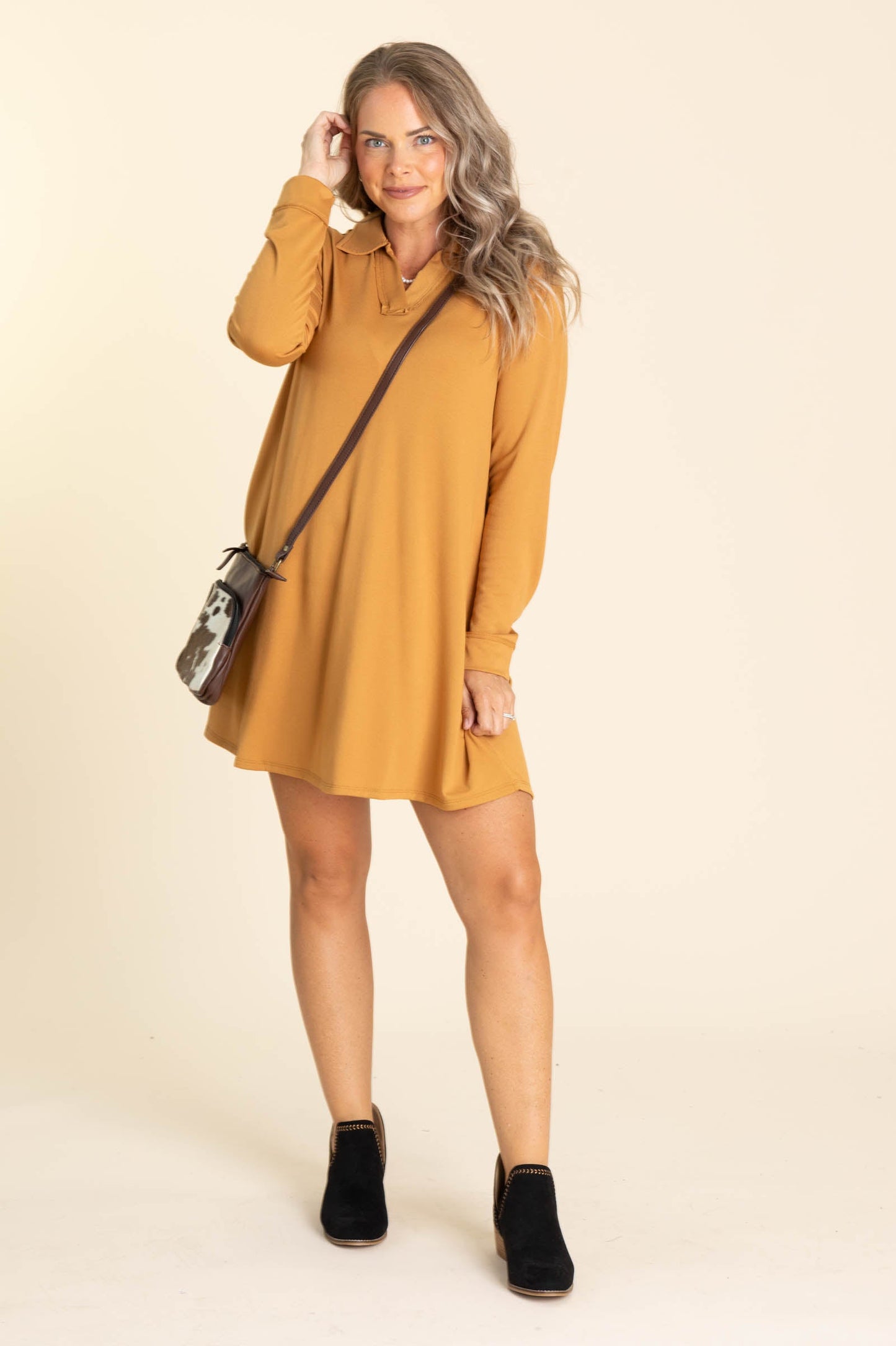 Collared Long Sleeve Knit Dresses With Pockets