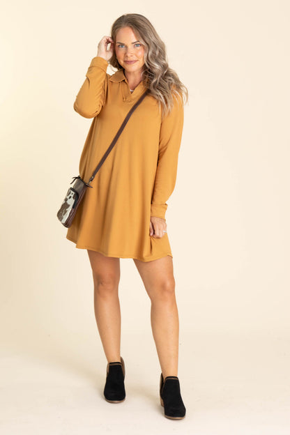 Collared Long Sleeve Knit Dresses With Pockets