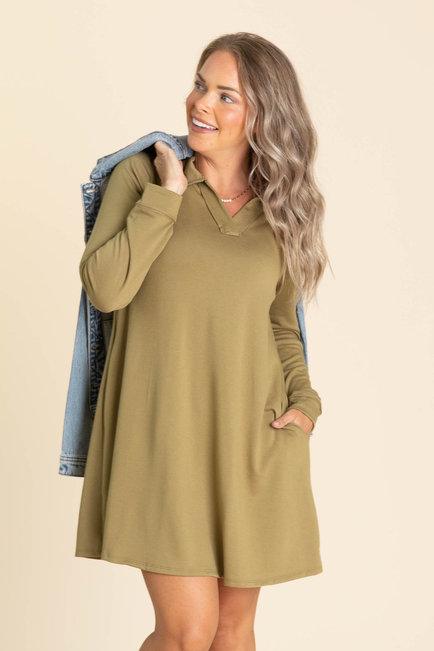 Collared Long Sleeve Knit Dresses With Pockets