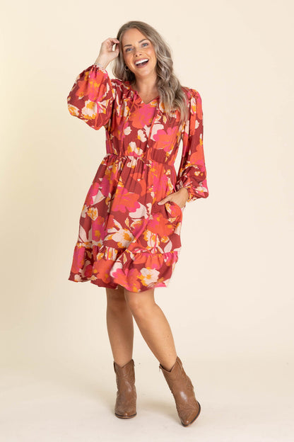 Burgundy Floral Woven Dress With Bow Tie