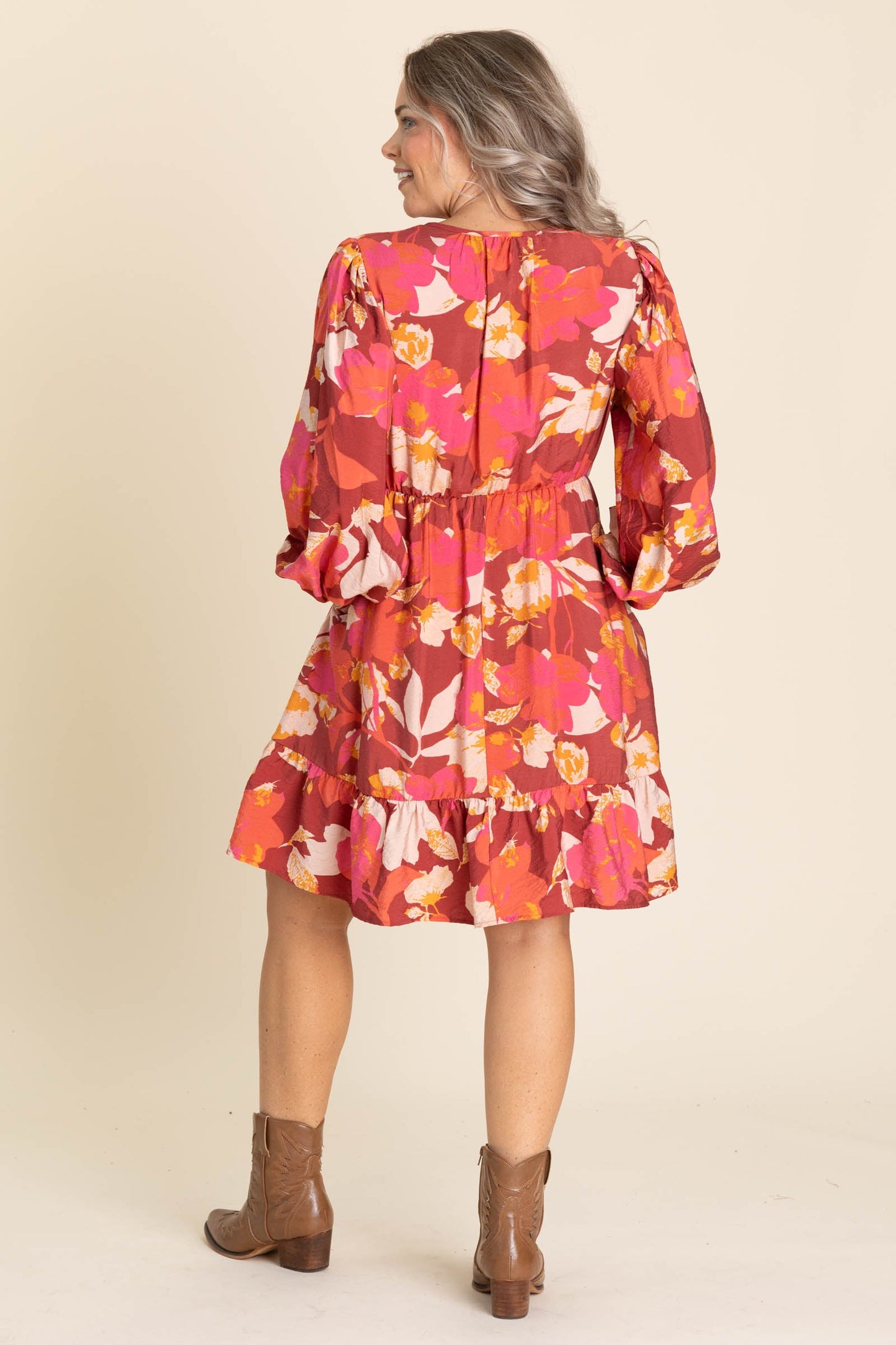 Burgundy Floral Woven Dress With Bow Tie