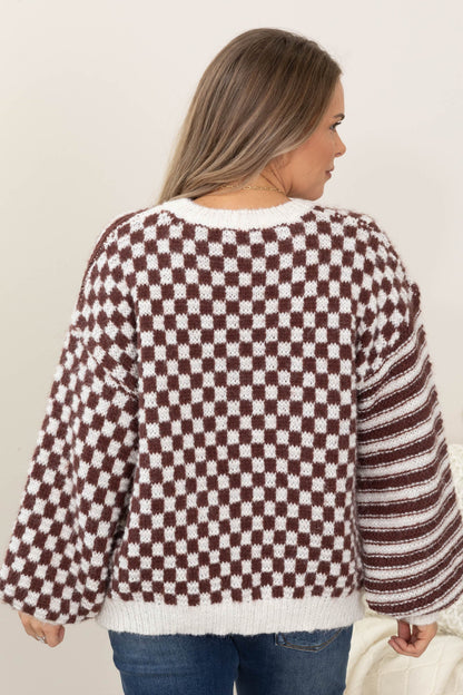 Brown And Ivory Check And Stripe Sweater