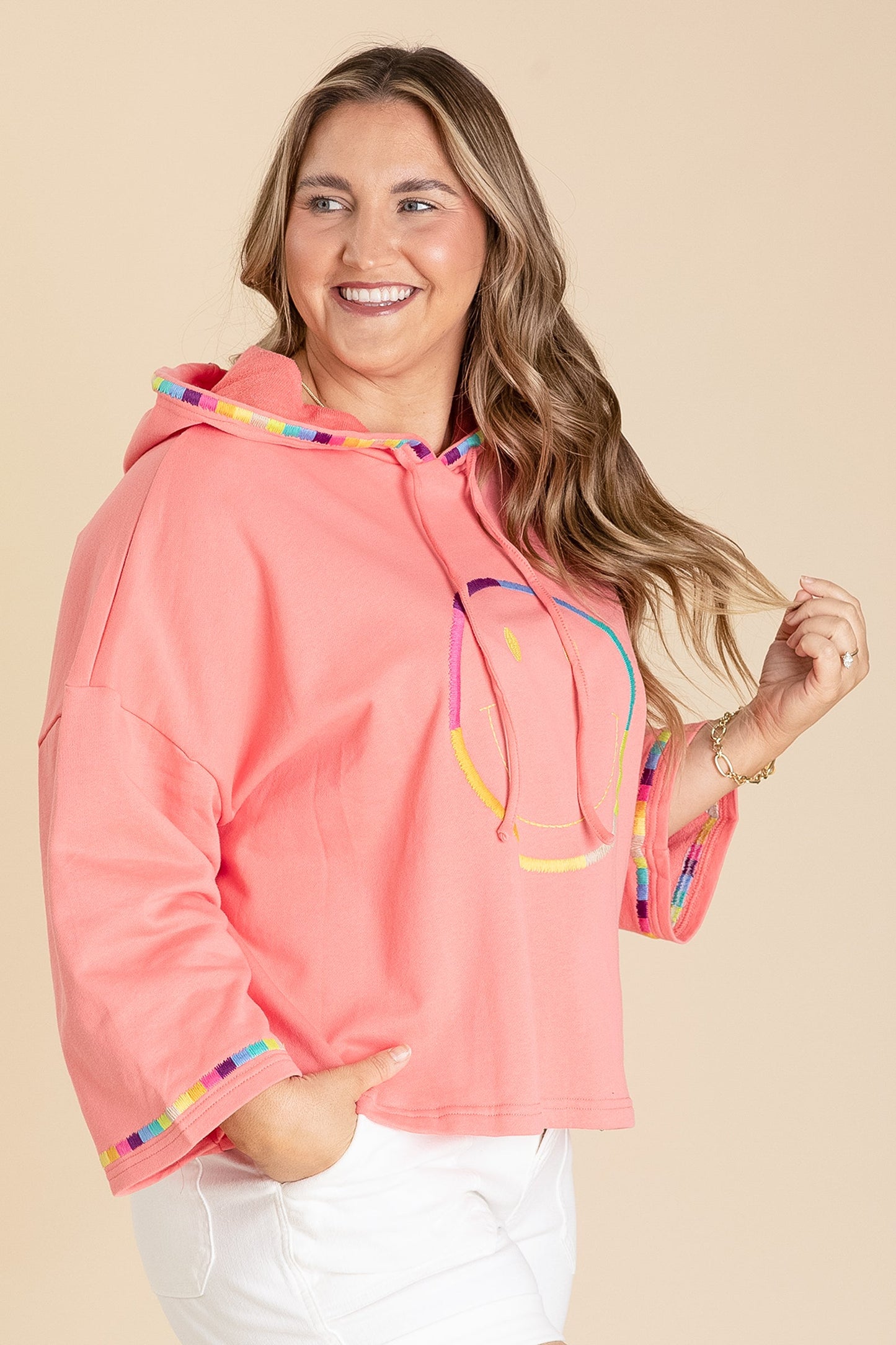 Coral Pink Quarter Sleeve Smiley Face Hoodie