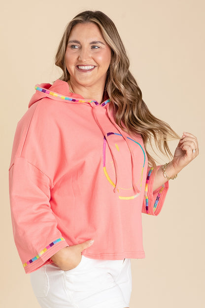 Coral Pink Quarter Sleeve Smiley Face Hoodie