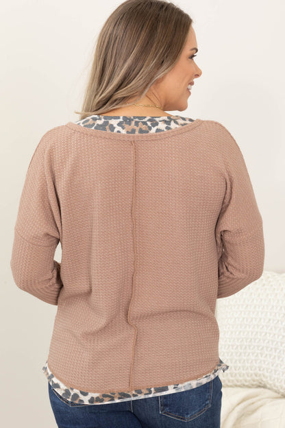 Camel Waffle Leopard Double Layer Knit Top