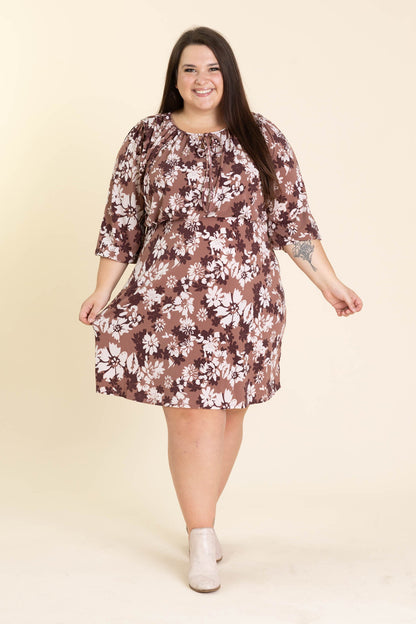 Brown And Beige Floral Print Front Tie Dress