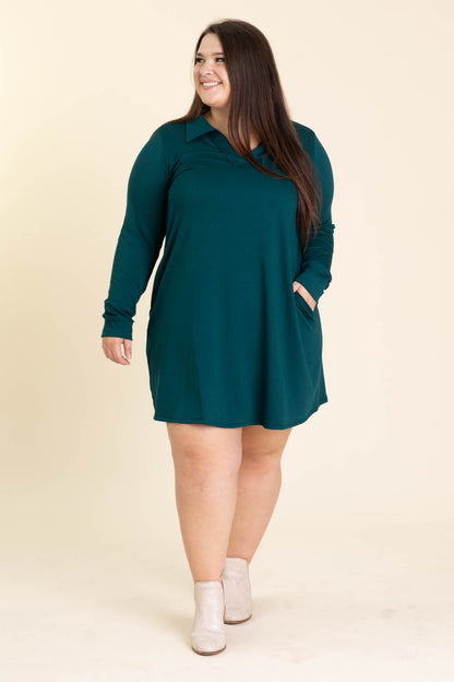 Collared Long Sleeve Knit Dresses With Pockets