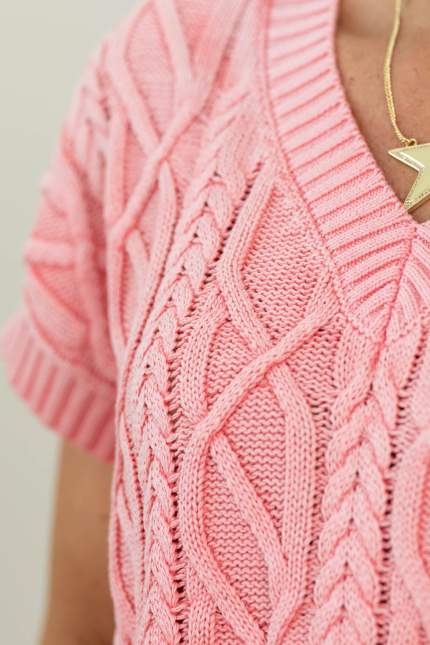 Coral Cable Knit V-Neck Sweater Knit Top
