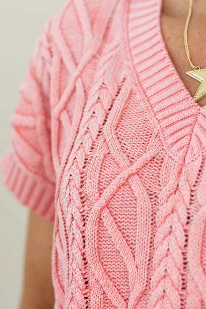 Coral Cable Knit V-Neck Sweater Knit Top