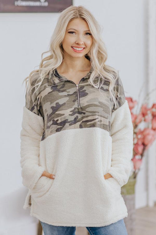 Clean Slate Camo Color Block 1/2 Zip Up Long Sleeve Sherpa in Ivory
