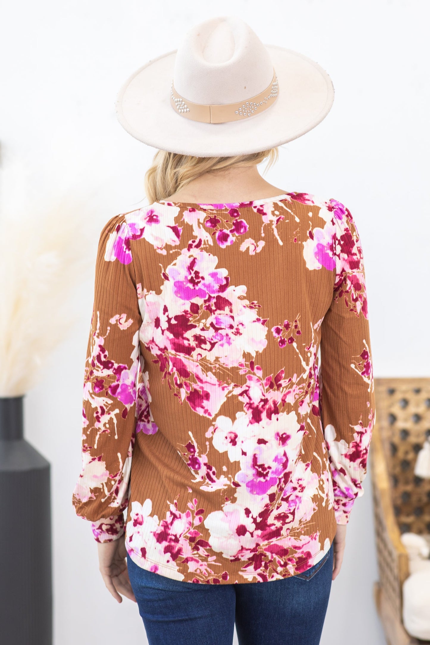 Cinnamon And Fuchsia Floral Print Sweater