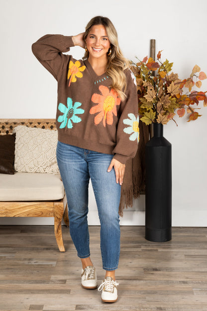 Brown Floral Pattern V-Neck Pullover Sweater