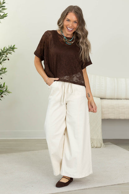 Brown Laced Short Sleeve Dolman Knit Top