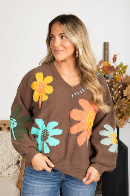 Brown Floral Pattern V-Neck Pullover Sweater