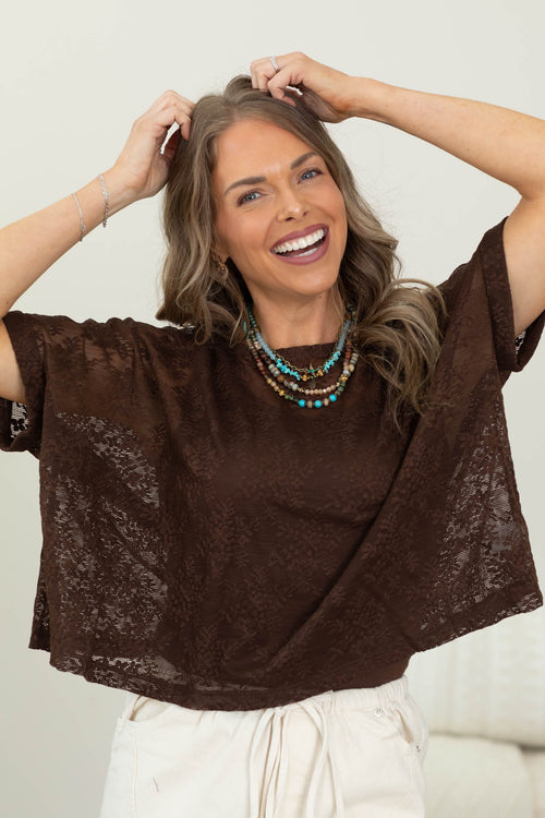 Brown Laced Short Sleeve Dolman Knit Top