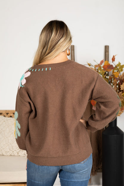 Brown Floral Pattern V-Neck Pullover Sweater