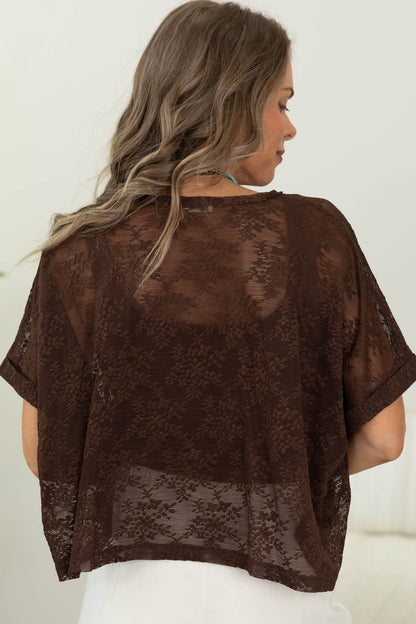 Brown Laced Short Sleeve Dolman Knit Top