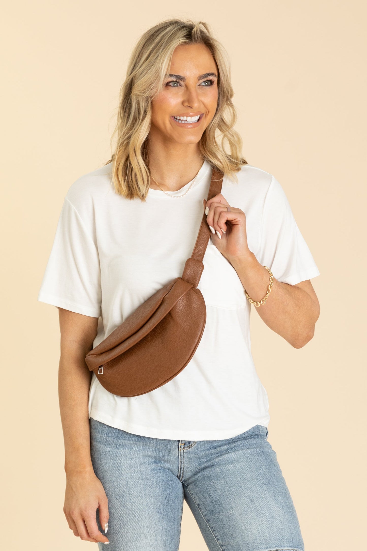 Camel Vegan Leather Crossbody Belt Bag
