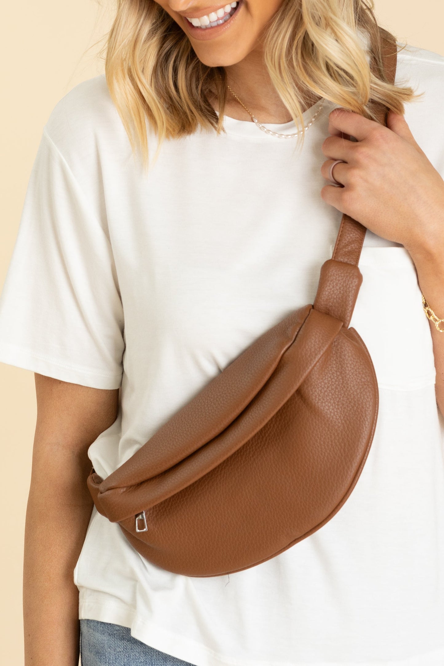 Camel Vegan Leather Crossbody Belt Bag
