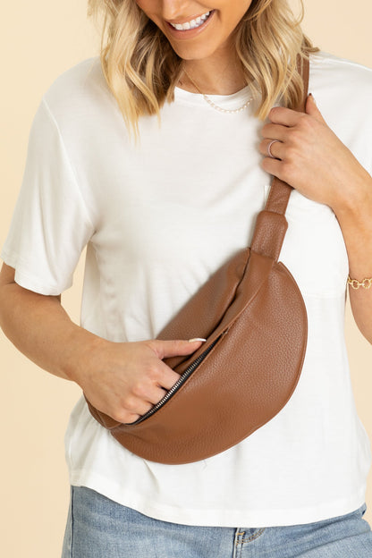 Camel Vegan Leather Crossbody Belt Bag