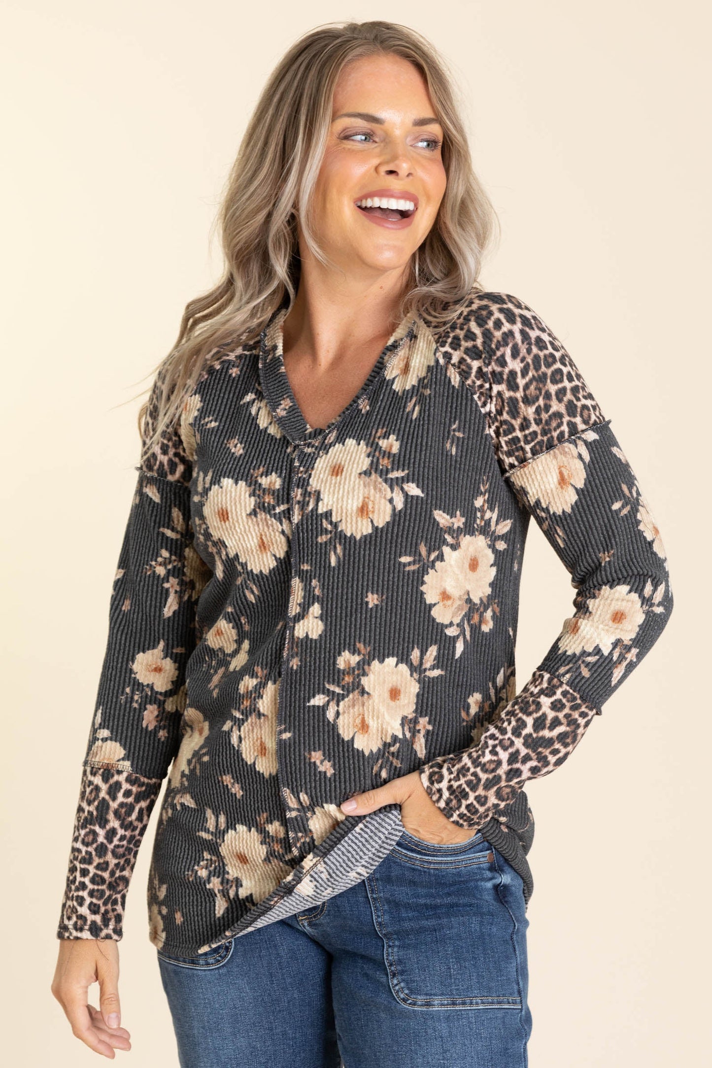 Charcoal Ribbed Floral And Cheetah Knit Top