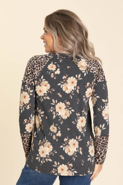 Charcoal Ribbed Floral And Cheetah Knit Top