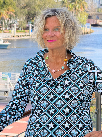 LULU B OCEAN TREASURES RUFFLE SLEEVE TOP