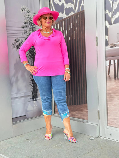 HOT PINK 3/25 SLEEVE RUFFLE TOP