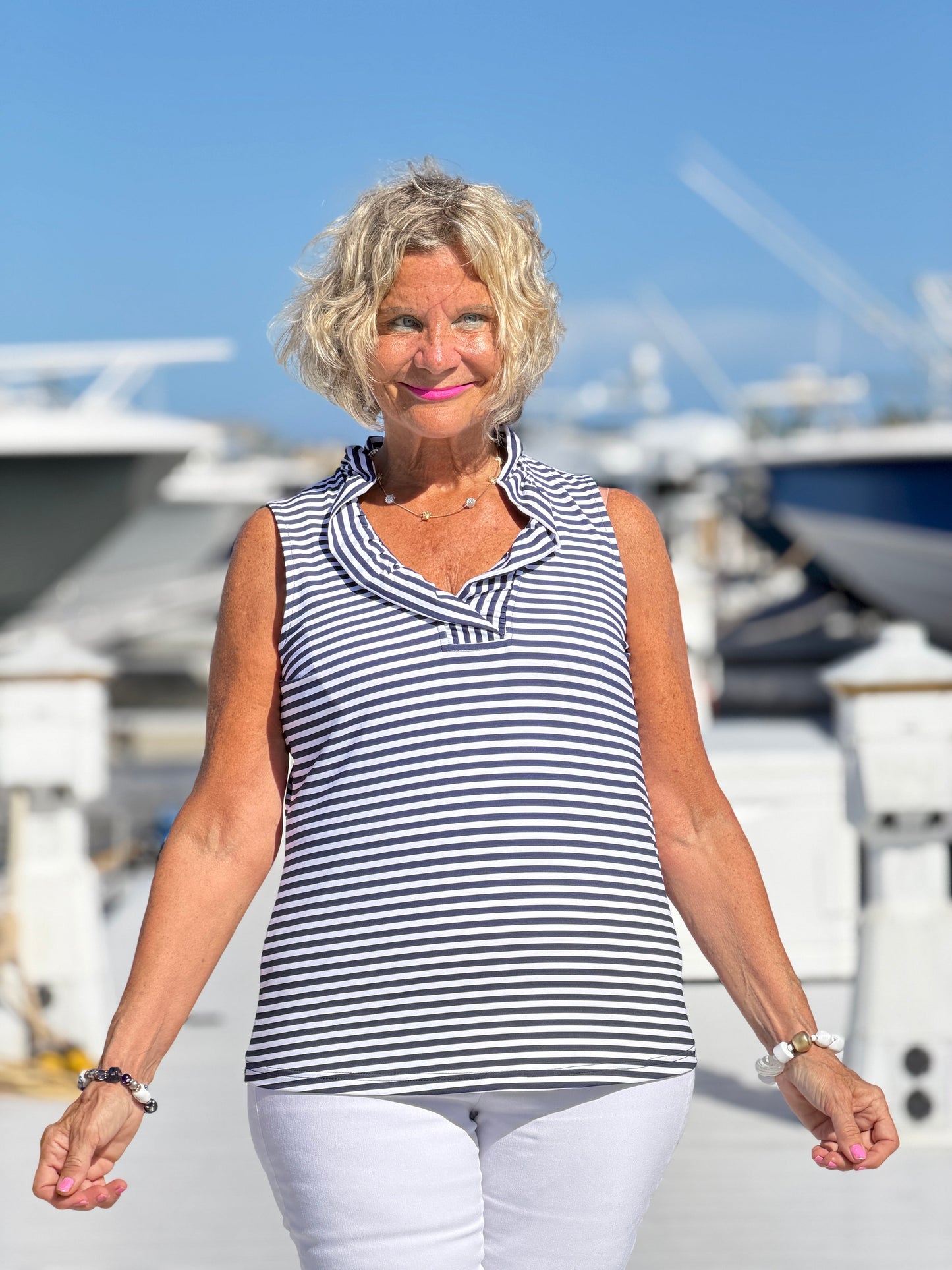 DOCKSIDE NAVY RUFFLE TOP