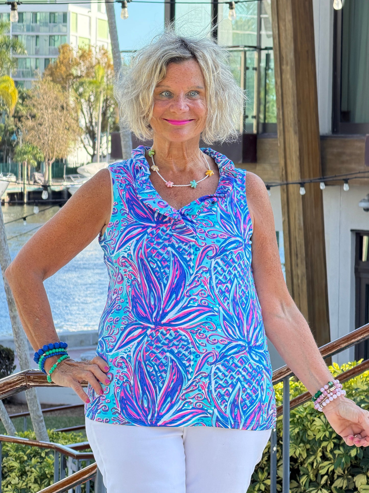 LULU B PALM ROYALE SLEEVELESS RUFFLE TOP
