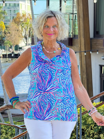 LULU B PALM ROYALE SLEEVELESS RUFFLE TOP