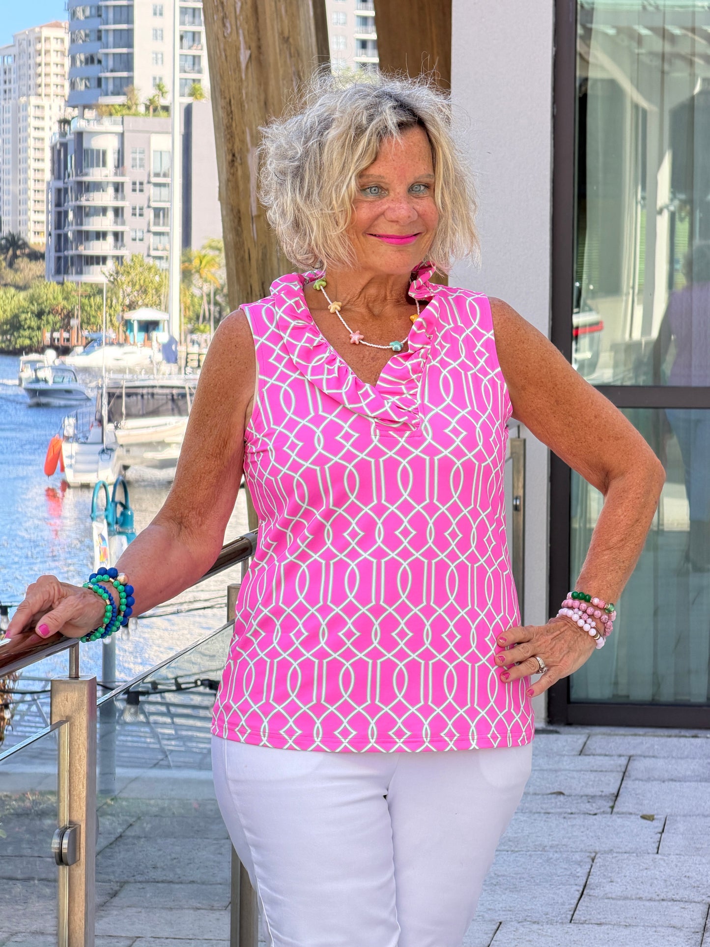 LULU B PALM BEACH LATTICE SLEEVELESS RUFFLE TOP
