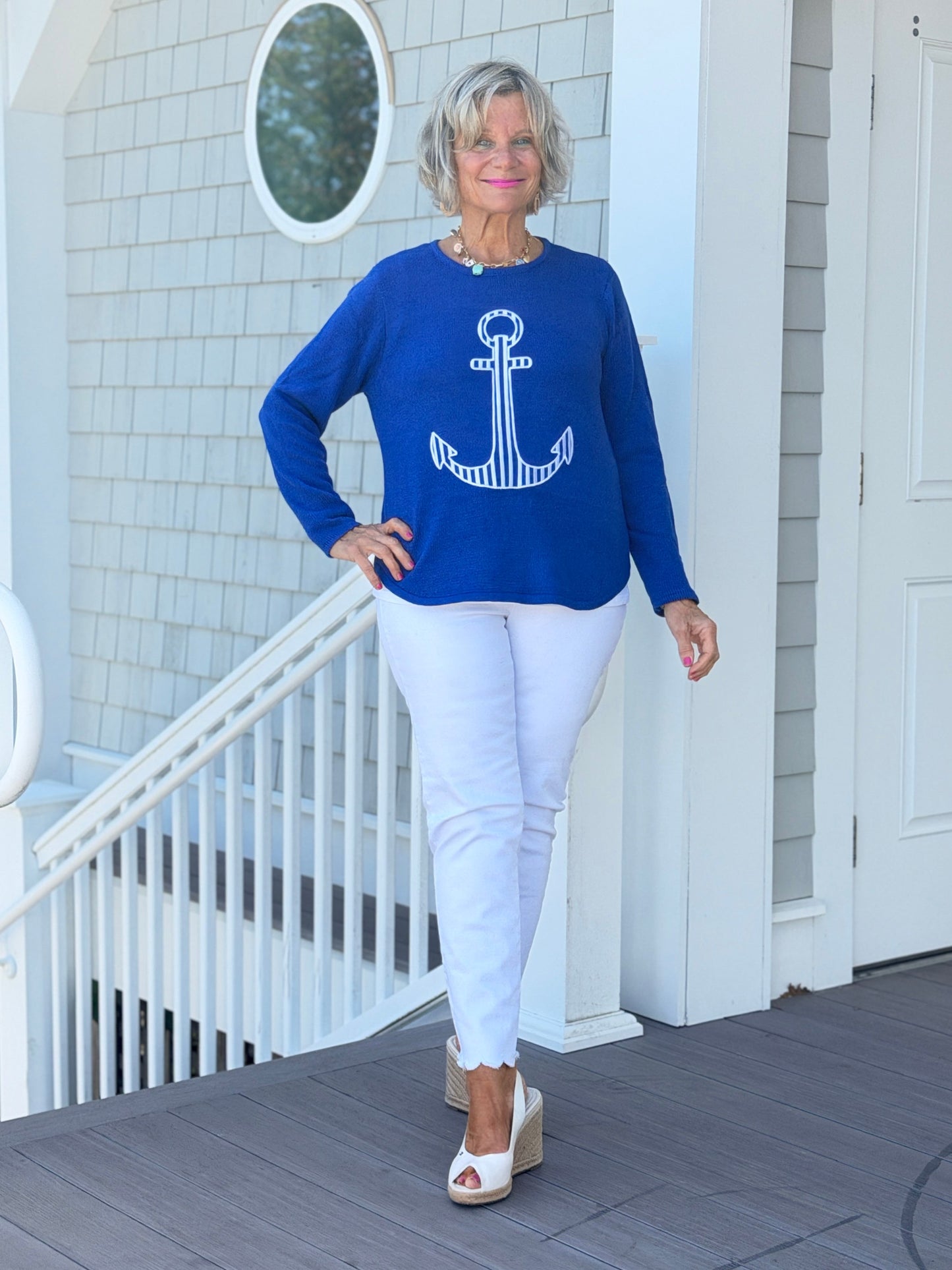 DOCKSIDE NAUTICAL COBALT STRIPE ANCHOR SWEATER