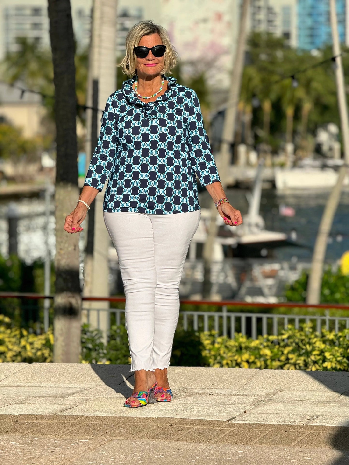 BLUE MEDALLION RUFFLE SLEEVE TOP