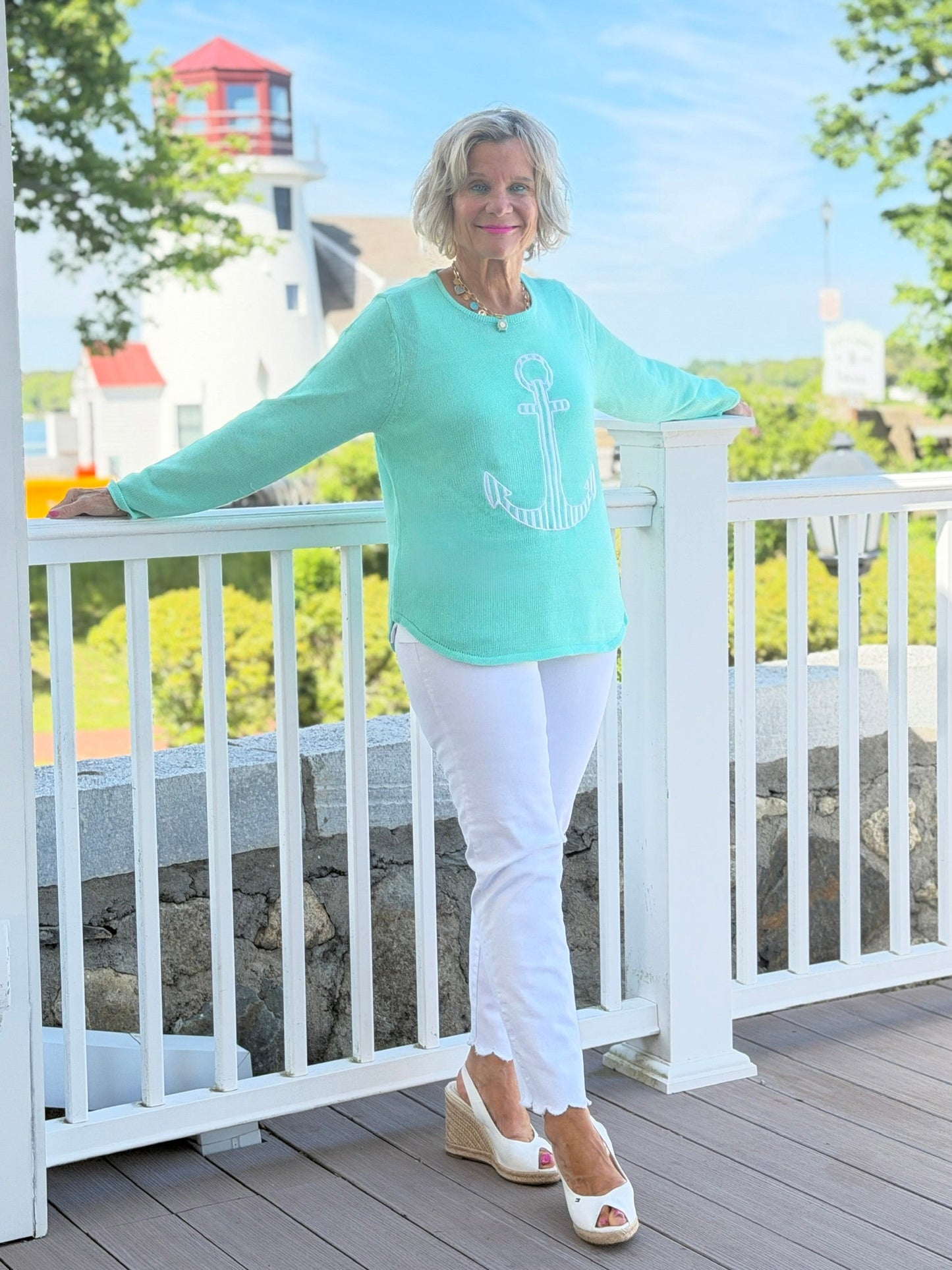 DOCKSIDE NAUTICAL SEAFOAM NAUTICAL STRIPE SWEATER