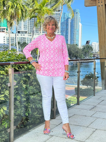 LULU B TROPIC PETALS V NECK TOP