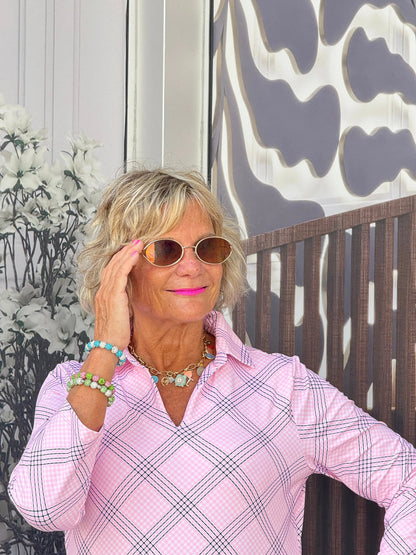 LULU B PINK CHIC 3/4 SLEEVE V-NECK COLLAR SHIRT