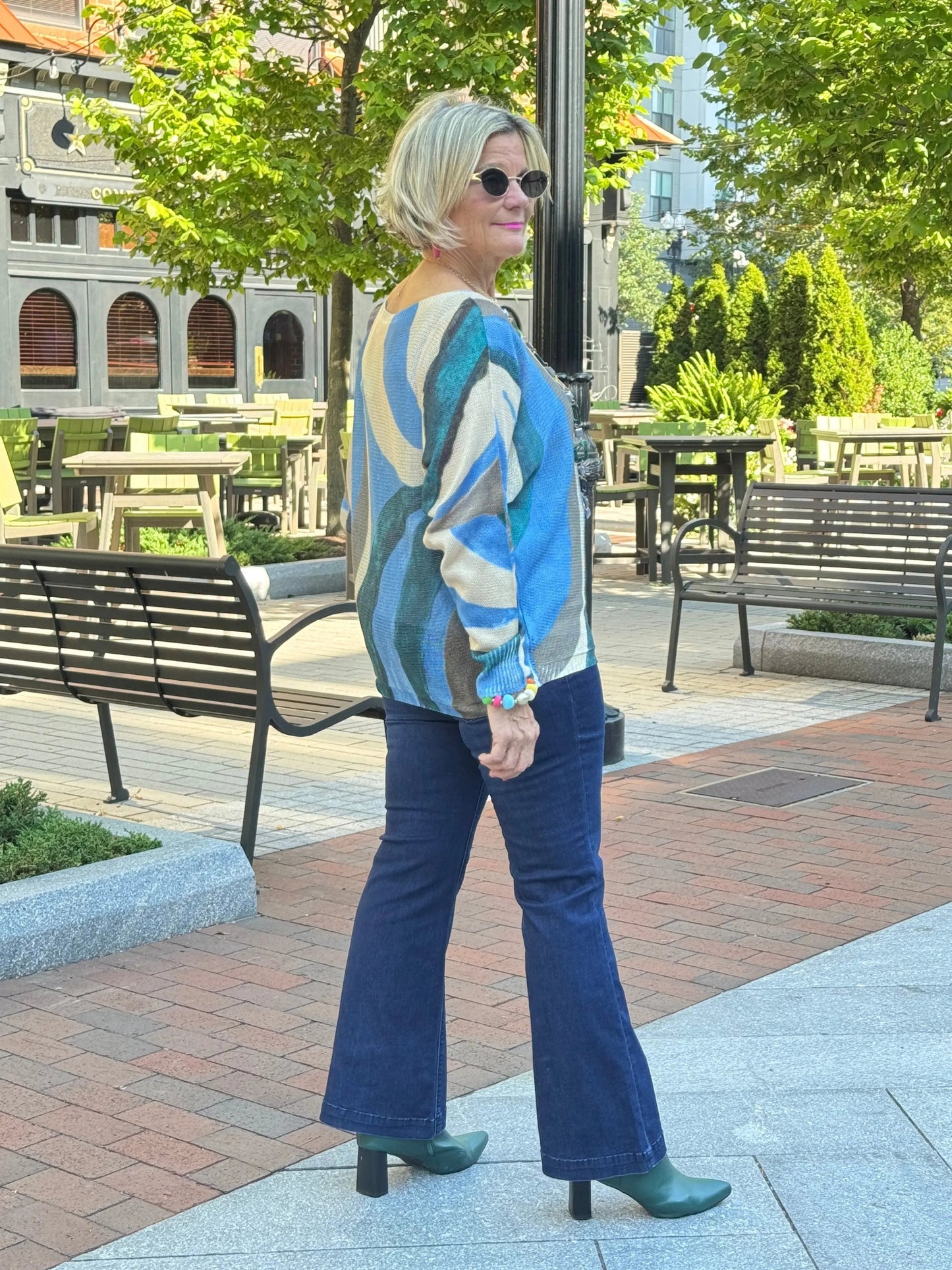 Green Abstract Round Knit Printed Sweate