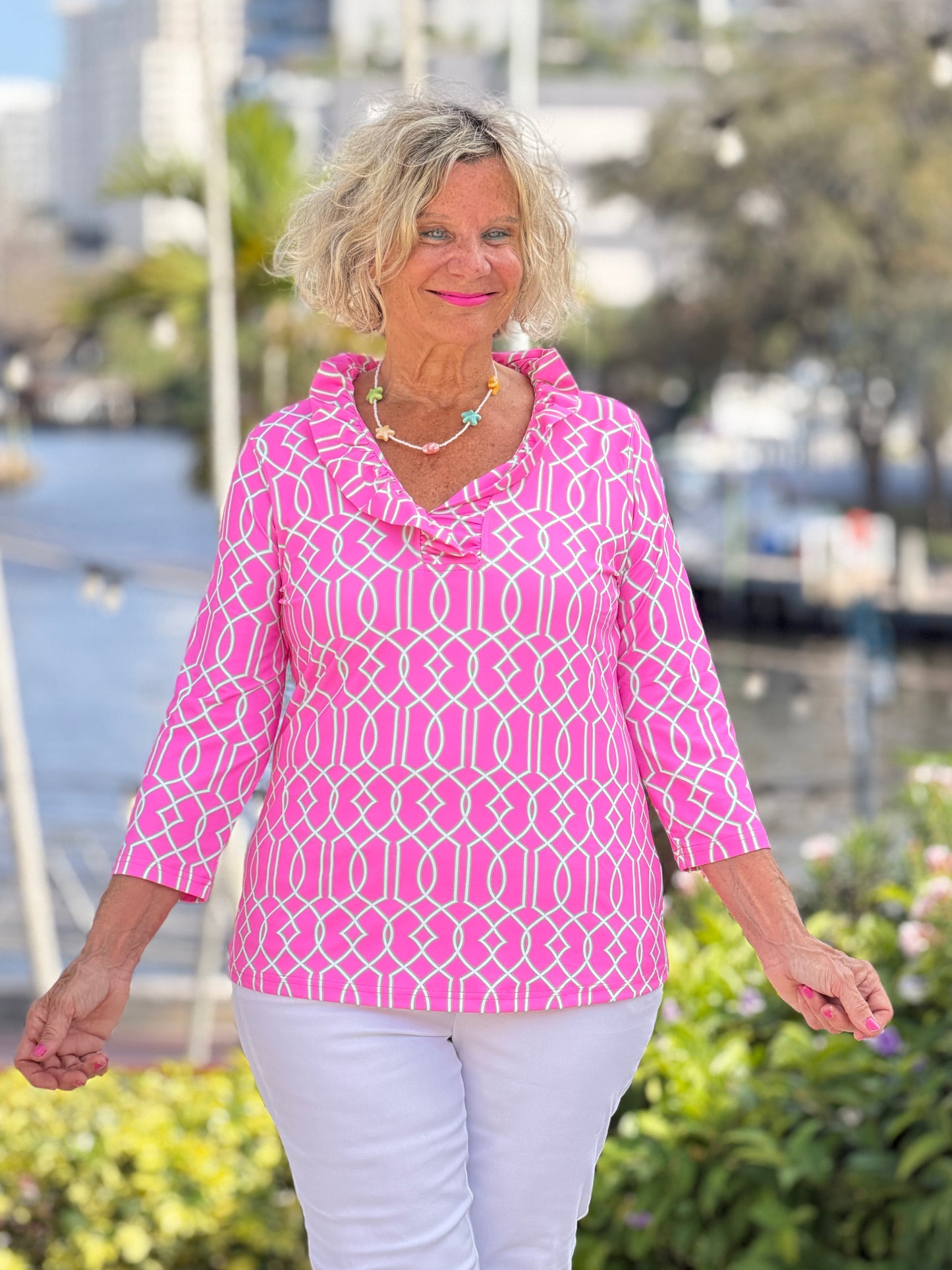 LULU B PALM BEACH LATTICE RUFFLE SLEEVE TOP
