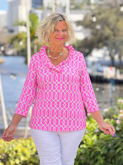 LULU B PALM BEACH LATTICE RUFFLE SLEEVE TOP