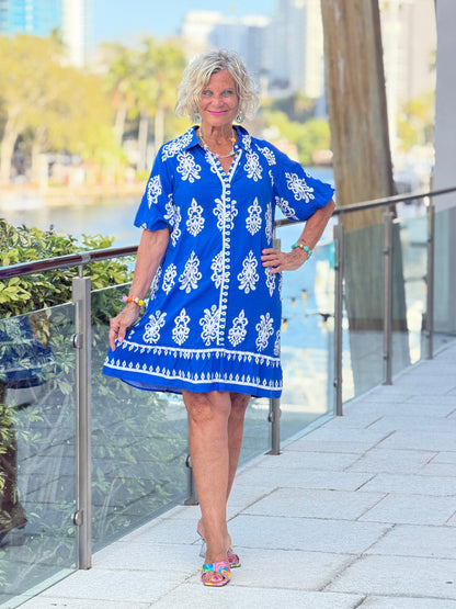 Geometric Collar Button Front Short Puff Sleeve Mini Dress