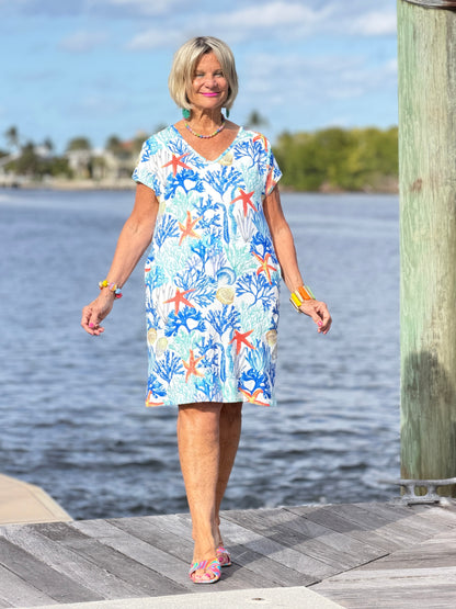CORAL REEEF V NECK SLEEVE UPF + 50 DRESS